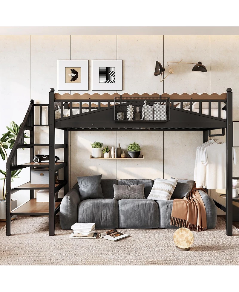 Streamdale Furniture Metal Loft Bed with Storage Stairs and Bookshelf