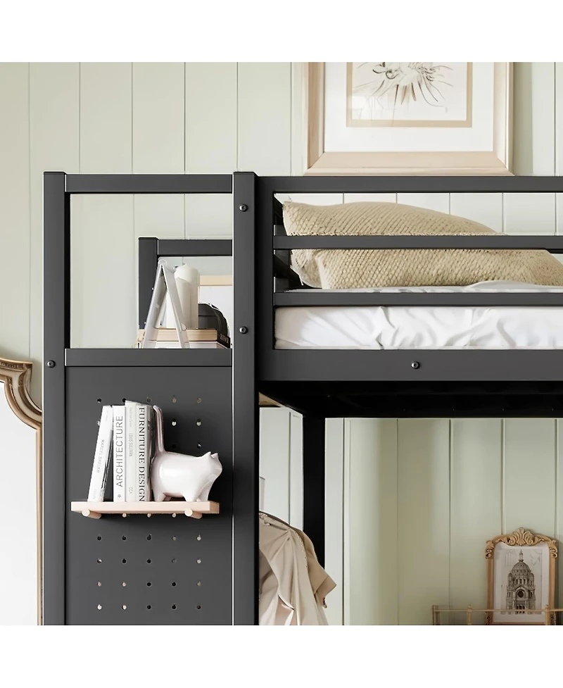 Streamdale Furniture Metal Loft Bed with Wardrobe, Storage Shelves, and Pegboard