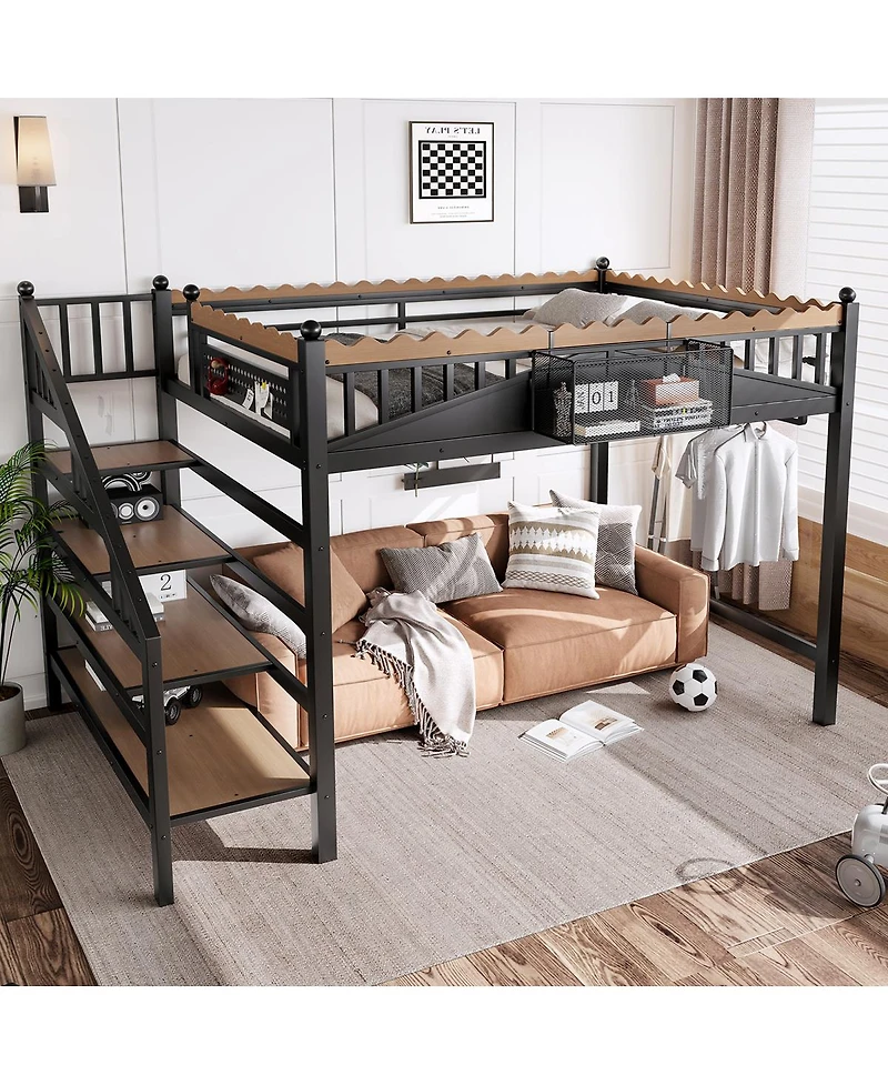 Streamdale Furniture Metal Loft Bed with Storage Stairs and Shelves