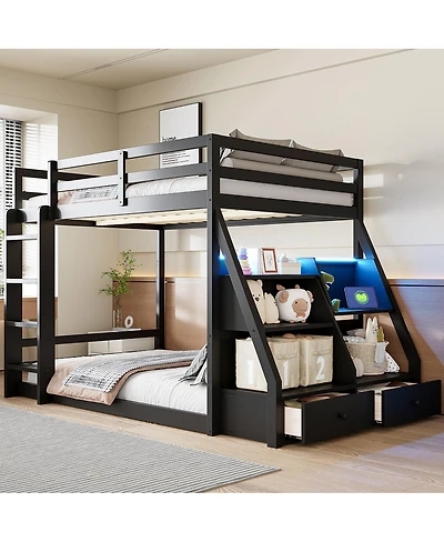 Streamdale Furniture Bed with Led Lights, Usb Ports, Storage Shelves and 2 Drawers