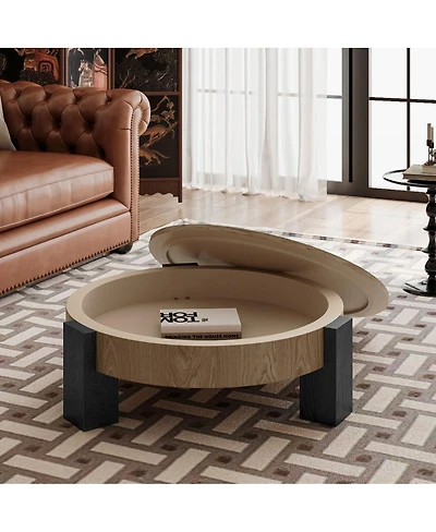 Streamdale Furniture 33'' Round Wood Coffee Table with Hidden Storage and 3 Block Legs