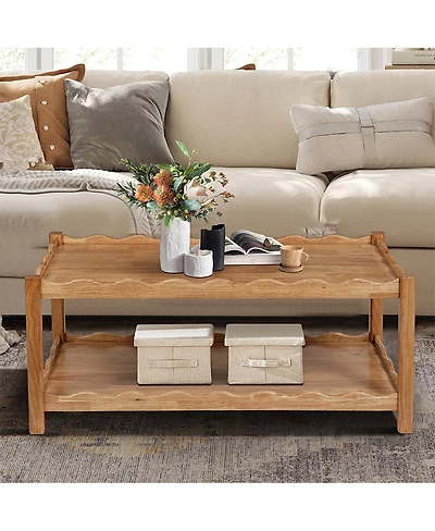 Streamdale Furniture Modern 2-Tier Rectangular Coffee Table with Storage Shelf and Rubberwood Legs