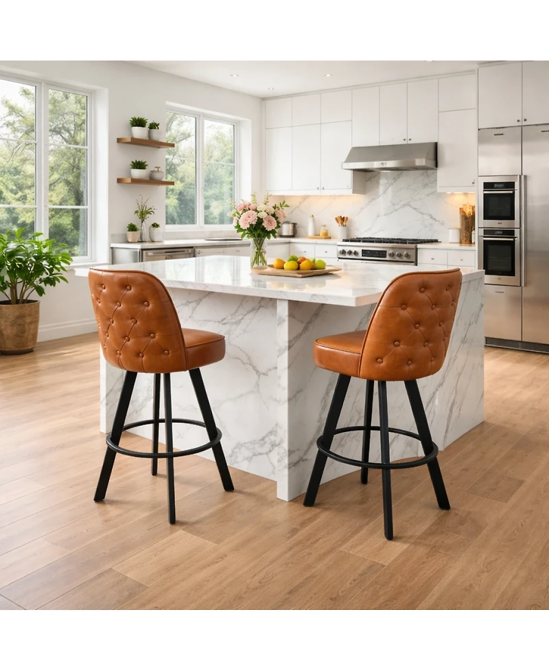 Streamdale Furniture Set of 2 Commercial Grade Swivel Bar Stools with Upholstered Tufted Seats