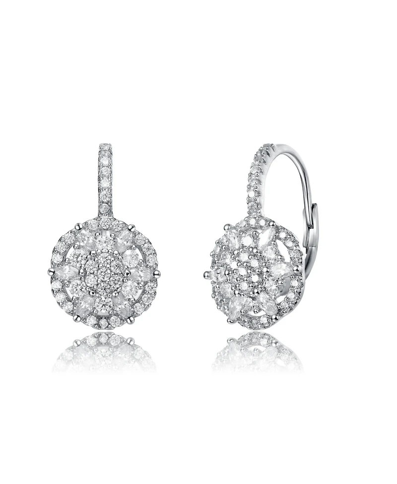 Rachel Glauber White Gold Plated Cz Flower Cluster Halo Dangle Earrings
