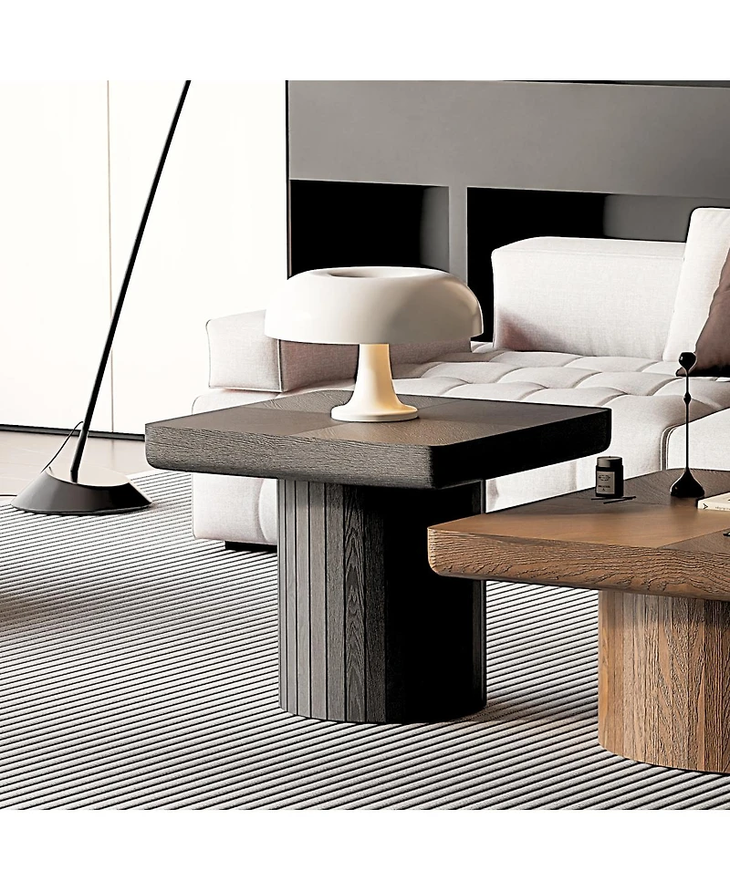 Streamdale Furniture Modern Solid Wood Veneer Square End Table with Grooved Cylindrical Base