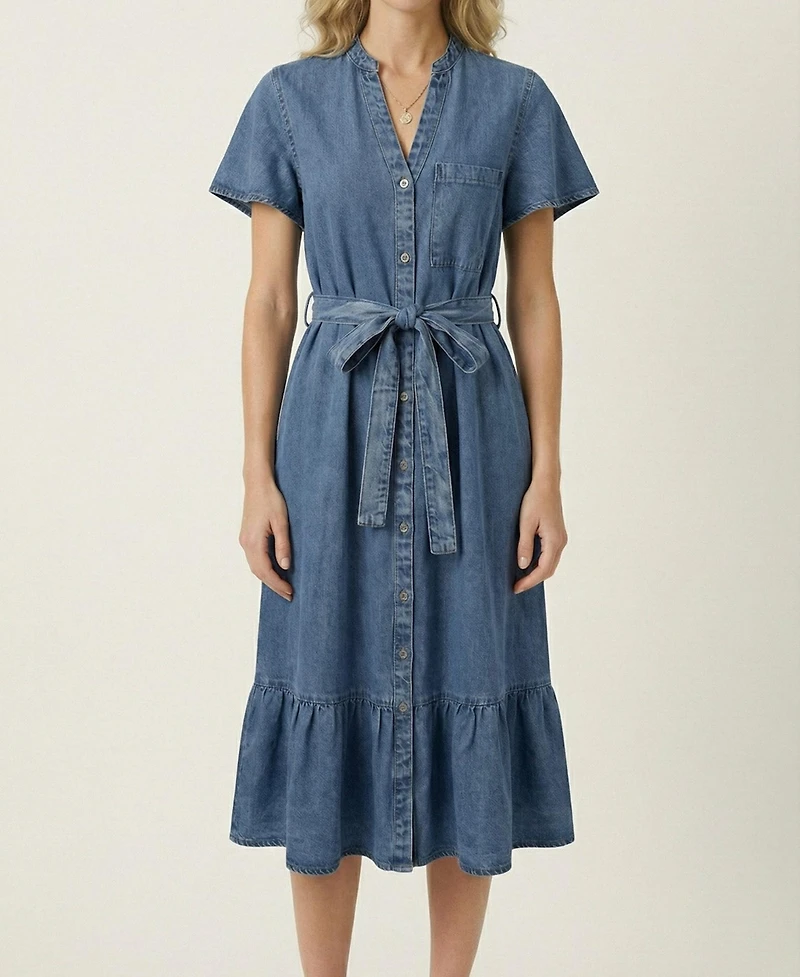 Modenaire Women's Belted Denim Midi Shirt Dress
