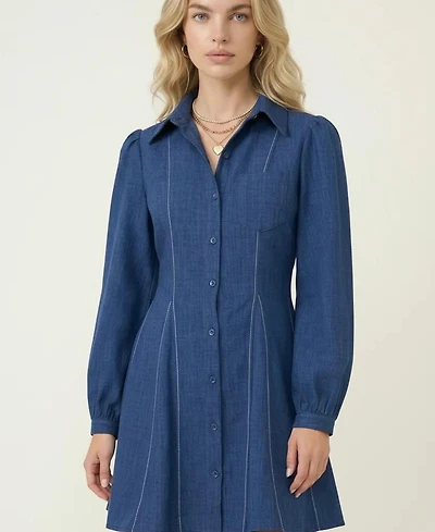 Modenaire Women's Long-Sleeve Denim Contrast-Stitch Shirt Dress