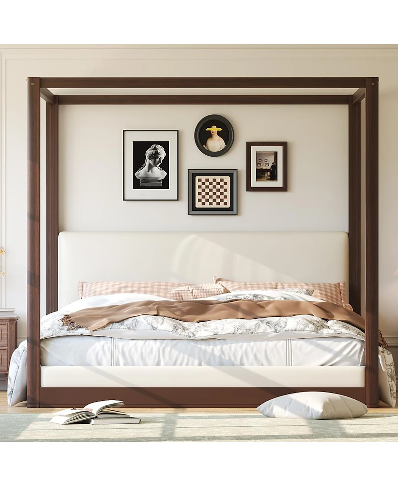Streamdale Furniture Wood Canopy Platform Bed with Upholstered Headboard