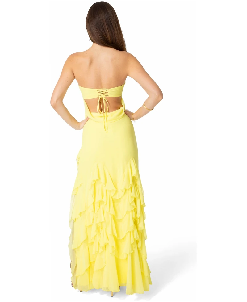 Bebe Women's Strapless Cascade Ruffle Chiffon Maxi Dress