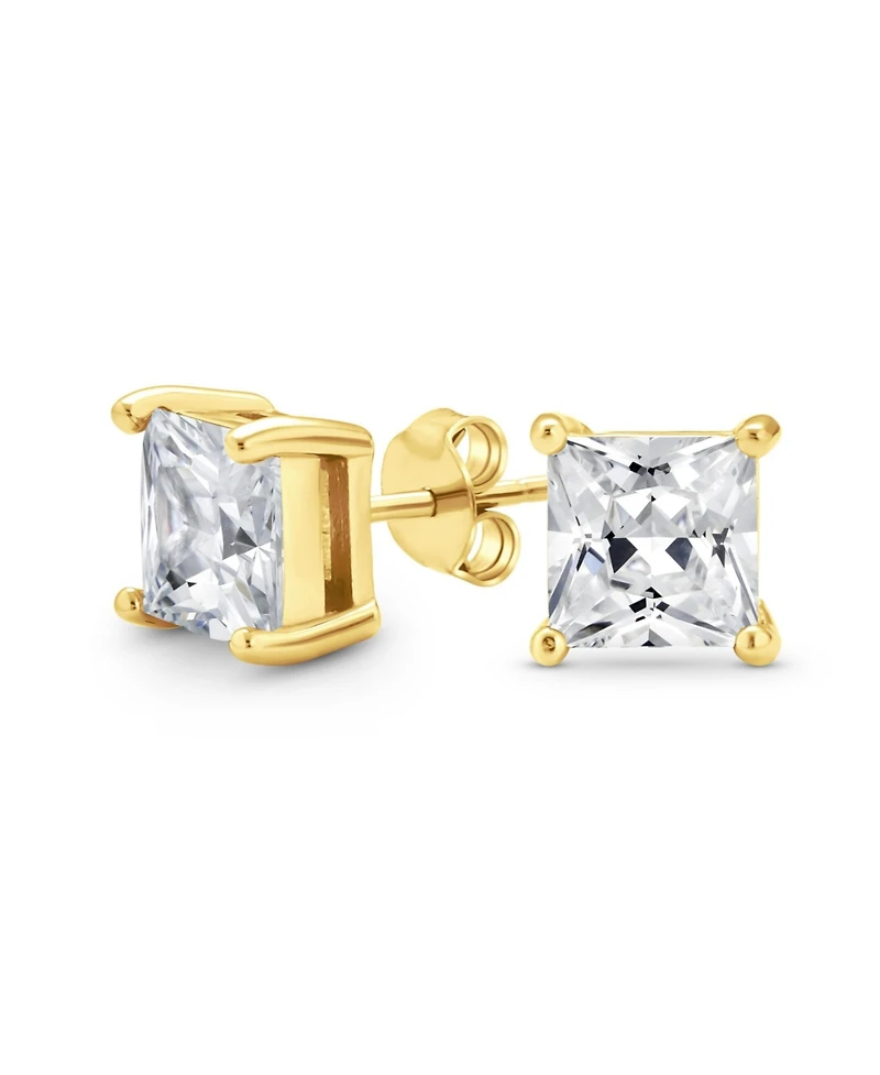 Bling Jewelry Square Cubic Zirconia 2 Ct Solitaire Princess Cut Stud Earrings 14K Gold Plated .925 Sterling Silver