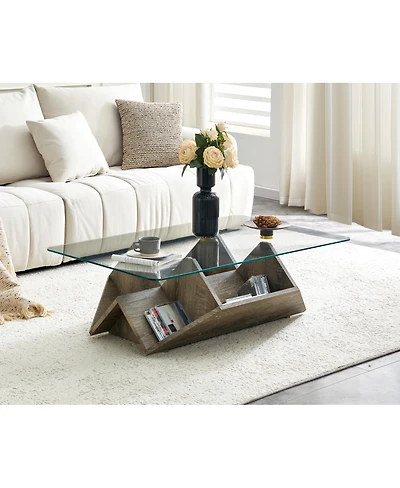 Streamdale Furniture Tempered Glass and Mdf Coffee Table with Carved Wood Grain and Storage
