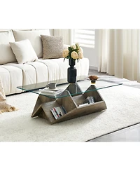 Streamdale Furniture Tempered Glass and Mdf Coffee Table with Carved Wood Grain and Storage