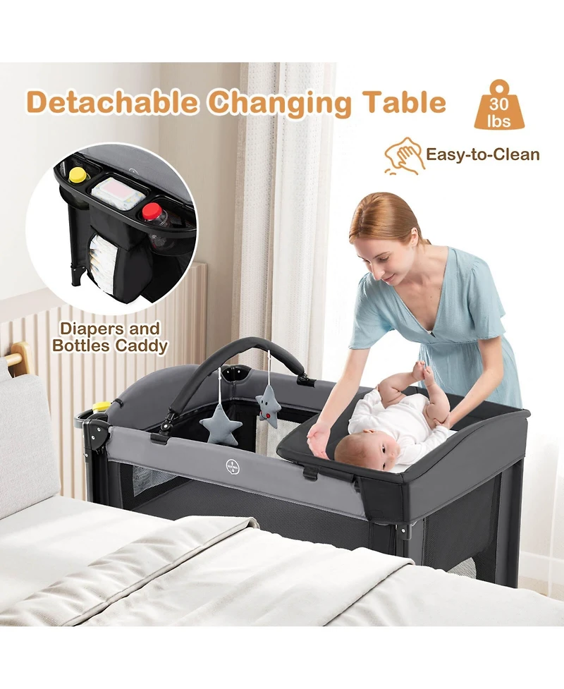 Costway Baby Bassinet Bedside Crib with Changing Table Mattress Detachable Canopy Basket