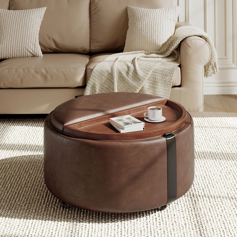 Streamdale Furniture 29" Round Storage Ottoman with Reversible Lids and Caster Wheels