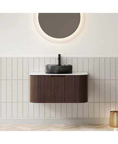 Sillysis Wall Mounted Bathroom Vanity with Crystal Glass Vessel Sink, Wood Grain Cabinet