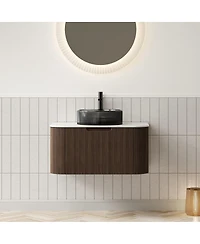 Sillysis Wall Mounted Bathroom Vanity with Crystal Glass Vessel Sink, Wood Grain Cabinet
