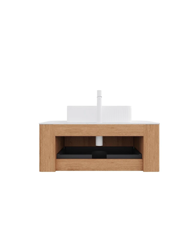 Sillysis Wall Mounted Bathroom Vanity with Rectangular Ceramic Sink, Modern Wood Grain Cabinet, Soft Close Drawer