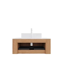 Sillysis Wall Mounted Bathroom Vanity with Rectangular Ceramic Sink, Modern Wood Grain Cabinet, Soft Close Drawer