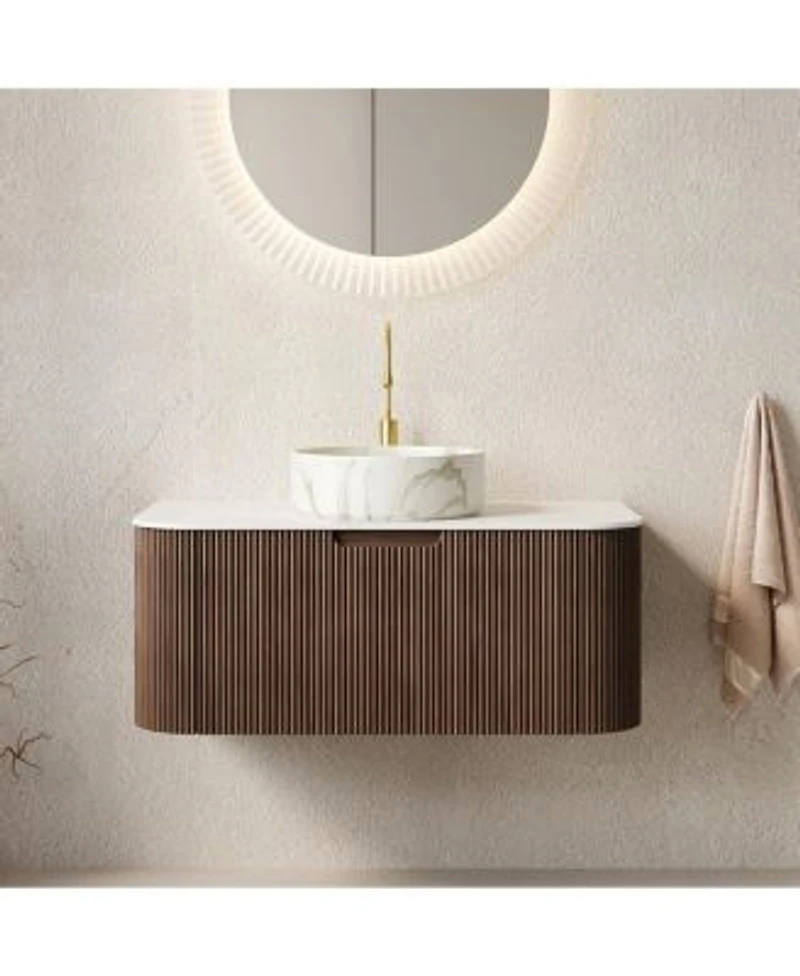 Sillysis Wall Mounted Bathroom Vanity With Sintered Stone Top Round Ceramic Basin Stripe Drawer Pre Assemble