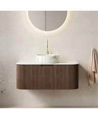 Sillysis Wall Mounted Bathroom Vanity With Sintered Stone Top Round Ceramic Basin Stripe Drawer Pre Assemble