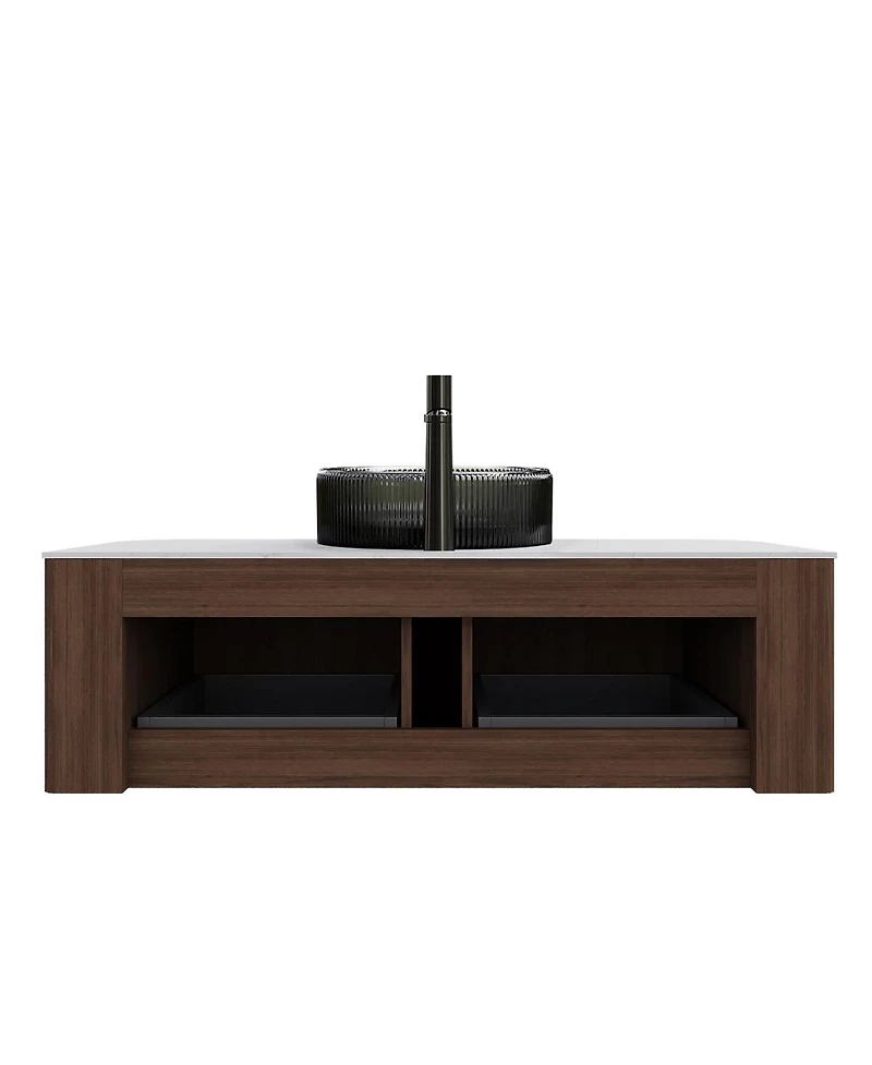 Sillysis Wall Mounted Bathroom Vanity with Crystal Glass Vessel Sink, Wood Grain Cabinet, Pre-assembled