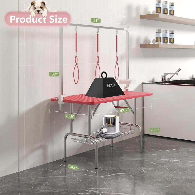 Streamdale Furniture 47 Inch Foldable Pet Grooming Table with Adjustable Arm and Storage Tray