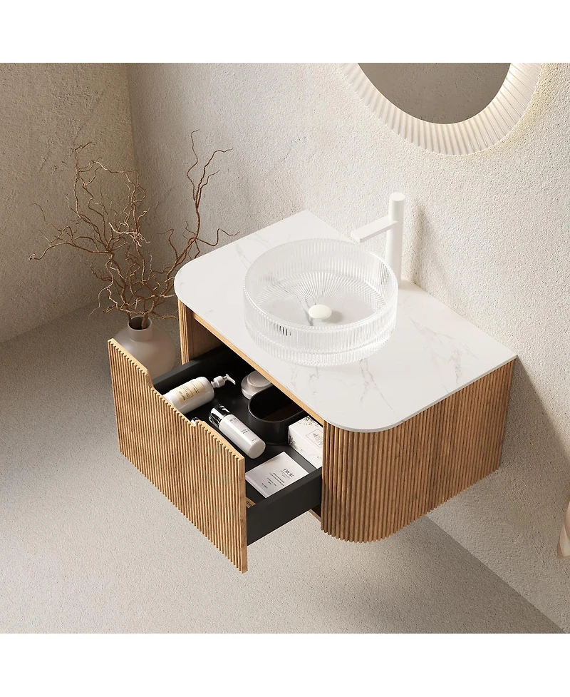 Sillysis Wall Mounted Bathroom Vanity with Crystal Glass Vessel Sink, Soft Close Drawer, Ample Storage