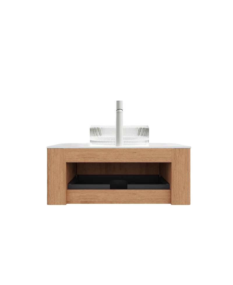 Sillysis Wall Mounted Bathroom Vanity with Crystal Glass Vessel Sink, Soft Close Drawer, Ample Storage