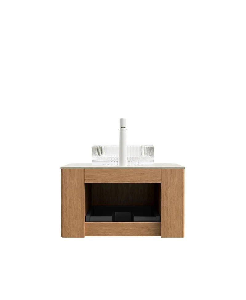 Sillysis Wall Mounted Bathroom Vanity with Crystal Glass Round Sink, Wood Grain Cabinet, Sintered Stone Top