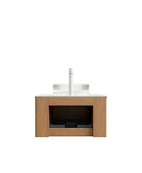Sillysis Wall Mounted Bathroom Vanity with Crystal Glass Round Sink, Wood Grain Cabinet, Sintered Stone Top