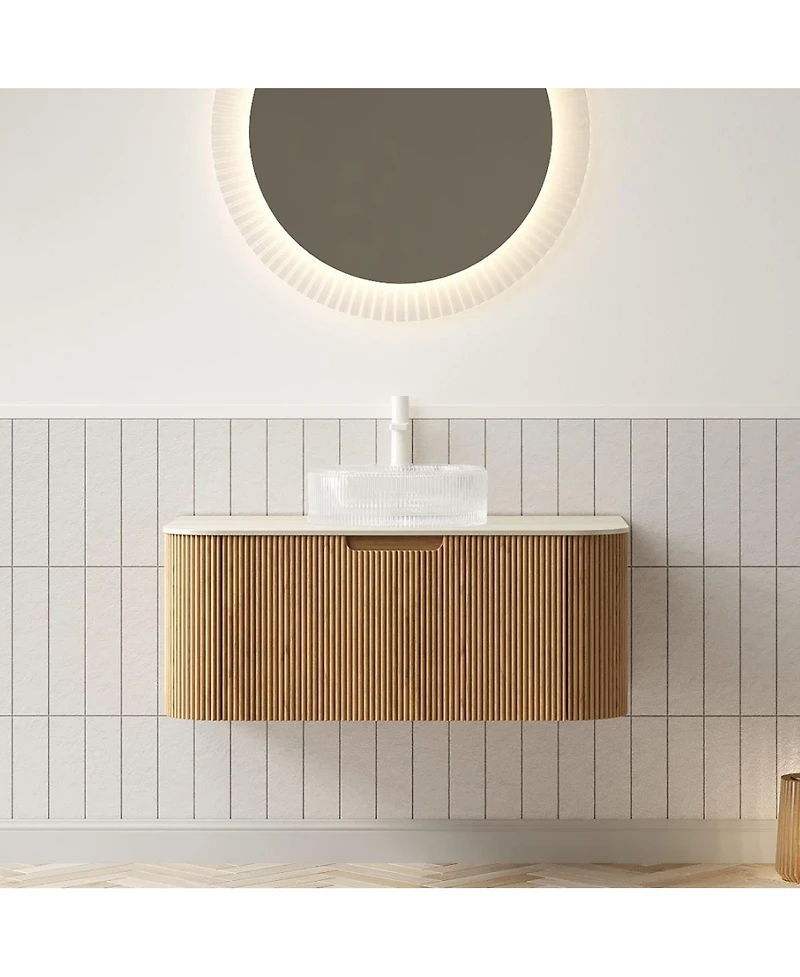 Sillysis Wall Mounted Bathroom Vanity with Crystal Glass Round Sink, Wood Grain Cabinet, Sintered Stone Top