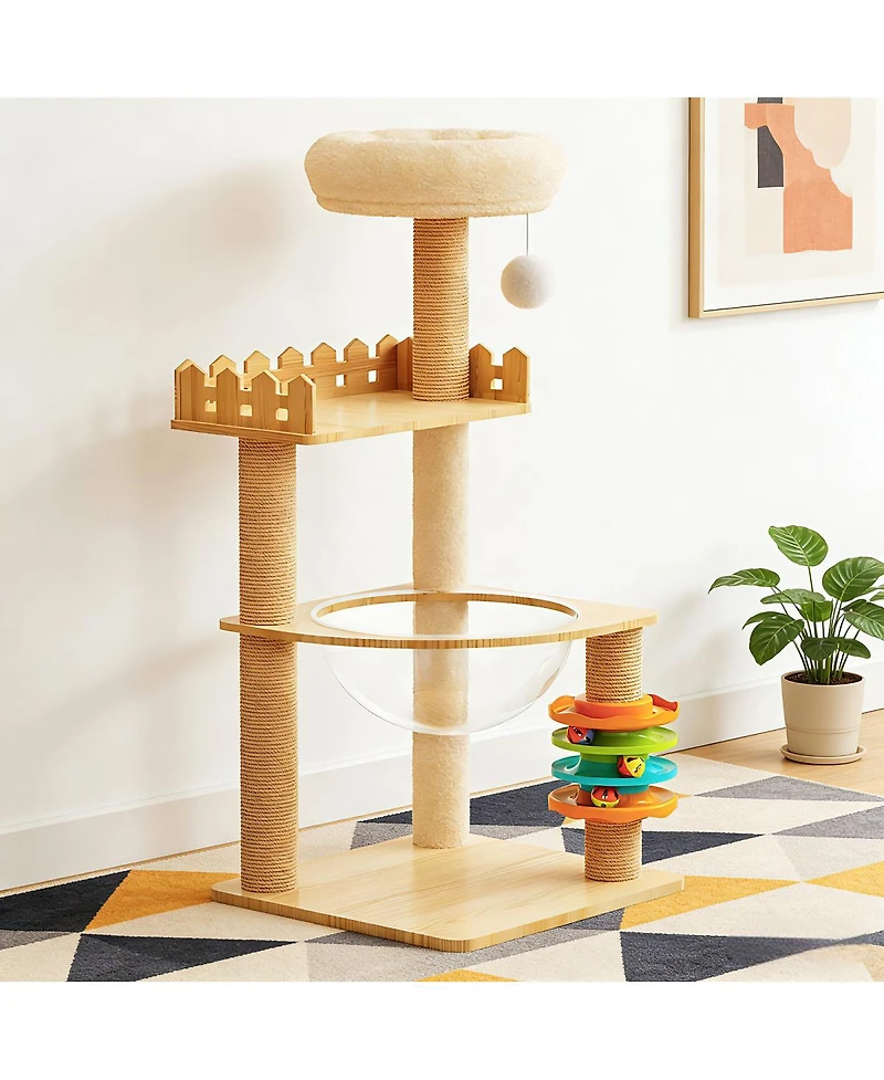 Streamdale Furniture 39.3" Modern Wood Cat Tree with Sisal Scratching Posts, Condo, and Acrylic Hammock