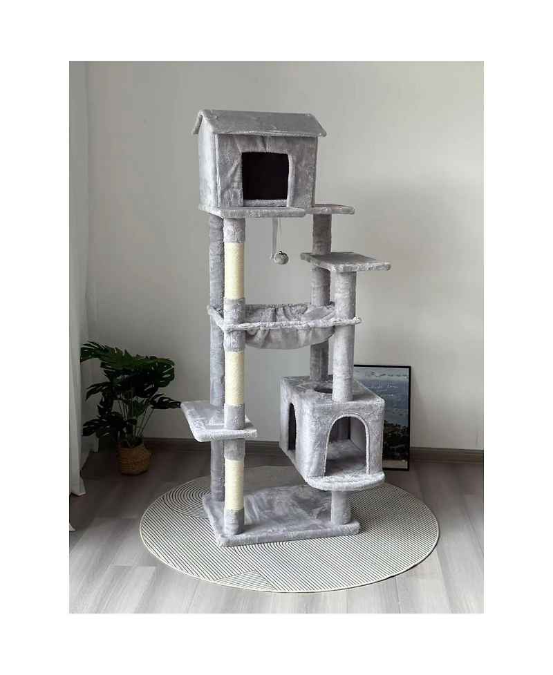 Streamdale Furniture 64in Multi-Level Cat Tree with House, Hammock, and Scratching Posts