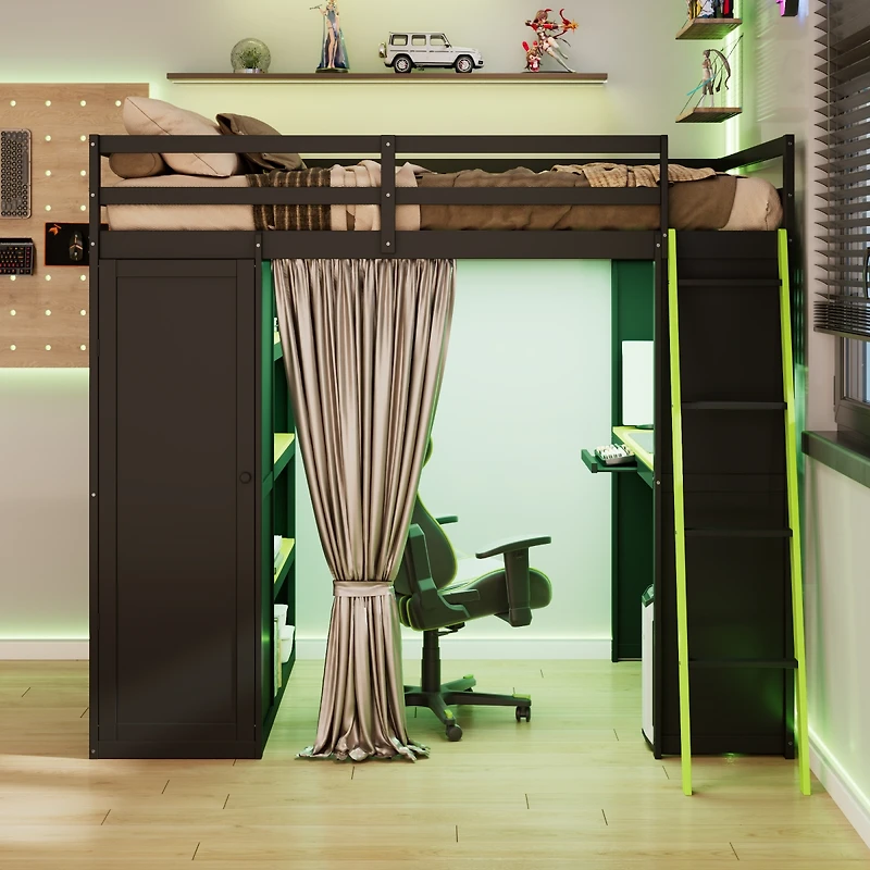 Streamdale Furniture Wood Loft Bed with Wardrobe, Shelves, Curtains and Rgb Lights