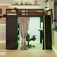 Streamdale Furniture Wood Loft Bed with Wardrobe, Shelves, Curtains and Rgb Lights