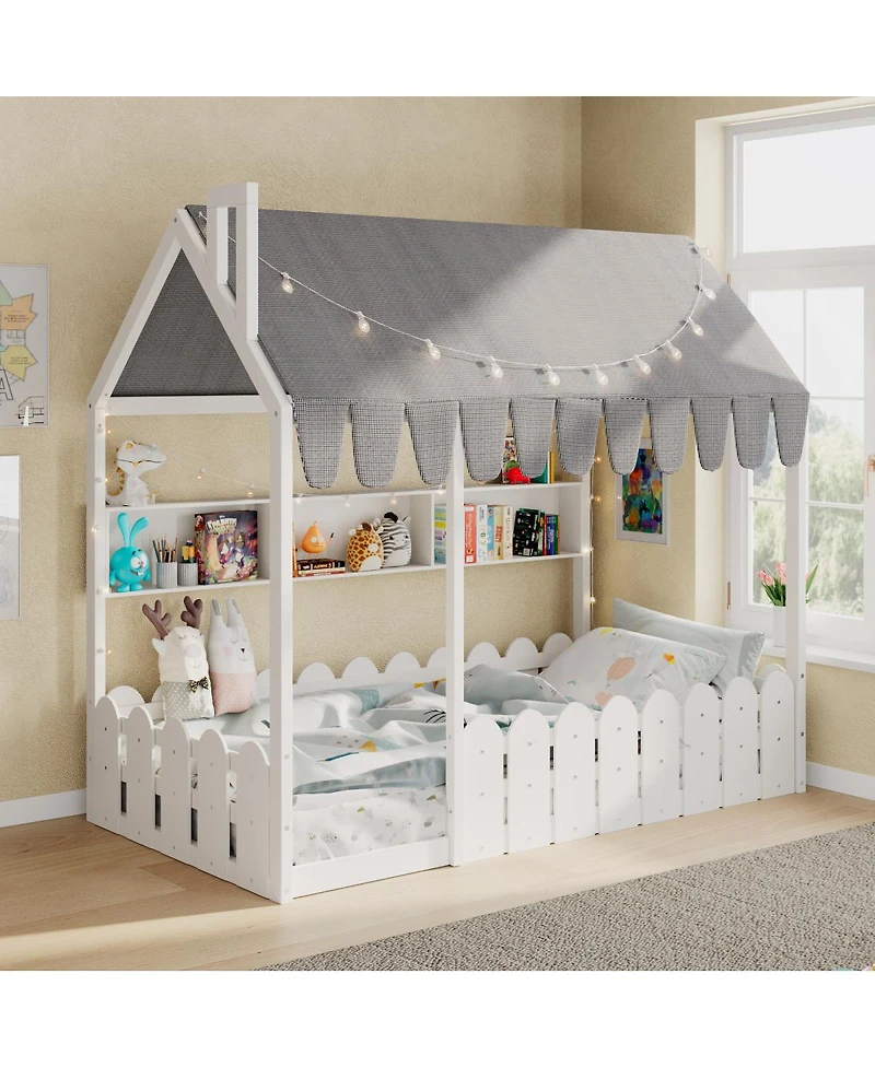 Streamdale Furniture Montessori House Bed with Fence, Storage and Lights (Slats Not Included)