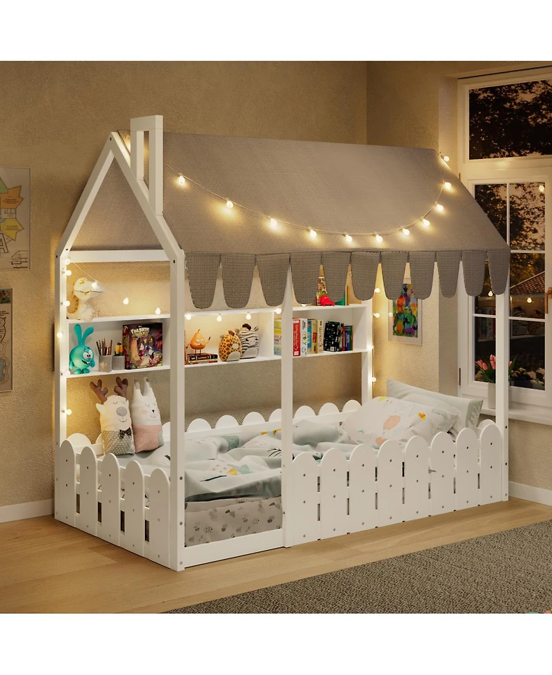 Streamdale Furniture Montessori House Bed with Fence, Storage and Lights (Slats Not Included)