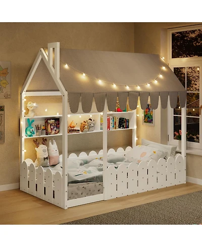 Streamdale Furniture Montessori House Bed with Fence, Storage and Lights (Slats Not Included)