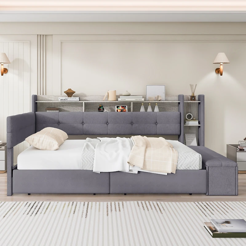 Streamdale Furniture Upholstered Daybed with Storage, Drawers, Usb, Led and Shelves