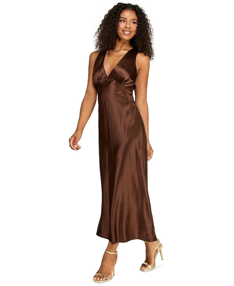 Emerald Sundae Juniors' V-Neck A-Line Satin Midi Dress
