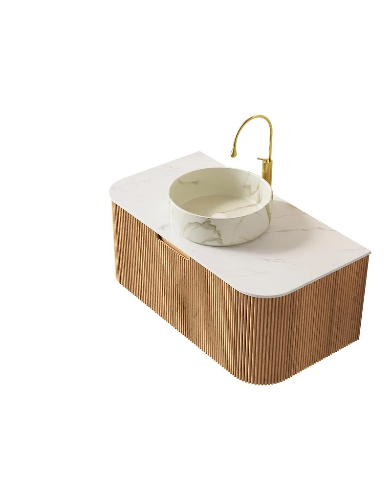 Sillysis Wall Mounted Bathroom Vanity with Sintered Stone Top, Round Ceramic Basin, Soft Close Drawer, Pre-assembled
