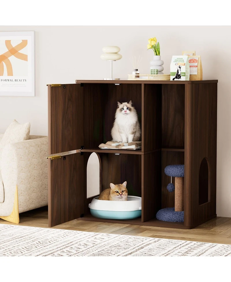 Streamdale Furniture 31.5" Walnut Cat Litter Cabinet with Cat Tree and Storage Shelves