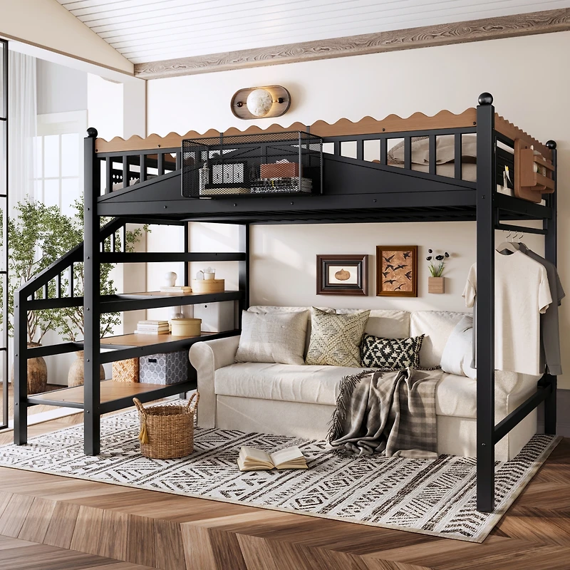 Streamdale Furniture Queen Size Metal Loft Bed with Storage Stairs and Bookshelf