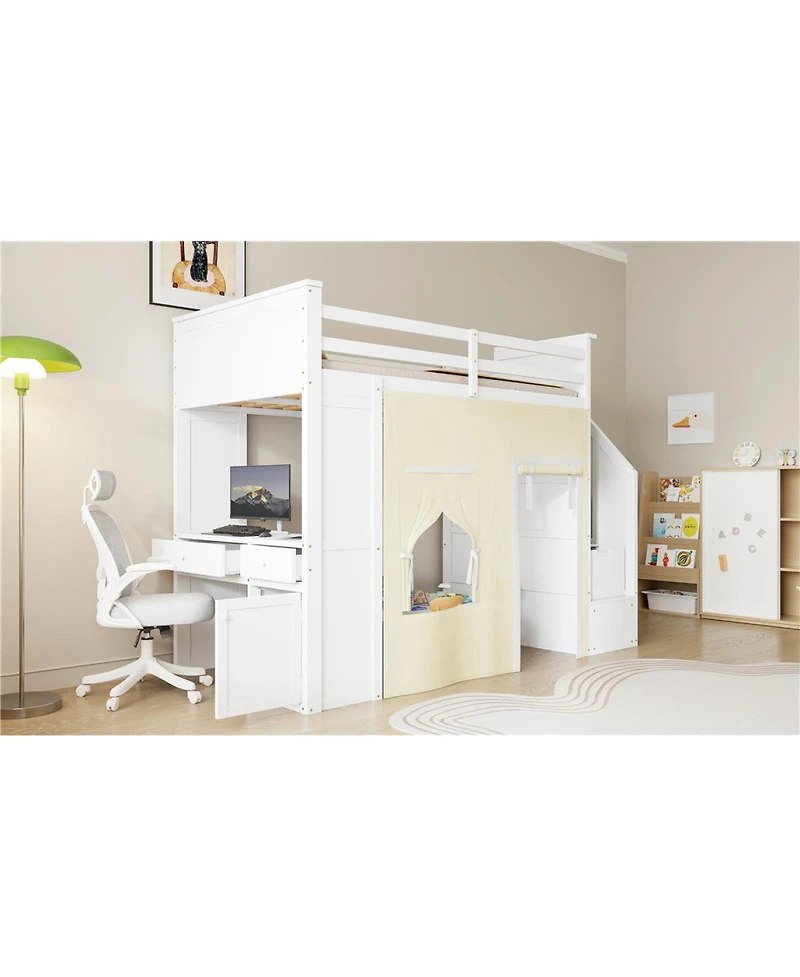 Streamdale Furniture Twin Loft Bed with Desk, Lockers, Drawers, Storage Stairs, and Curtain
