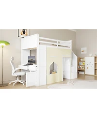 Streamdale Furniture Twin Loft Bed with Desk, Lockers, Drawers, Storage Stairs, and Curtain