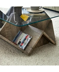 Rainsken 43.5" Glass Coffee Table with Tempered Glass Top and Wood Base, Multi-Storage Open Compartments Coffee Table for Living Room Office