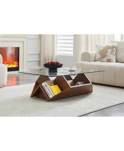 Rainsken 43.5" Glass Coffee Table with Tempered Top and Wood Base, Multi-Storage Open Compartments for Living Room Office