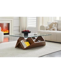 Rainsken 43.5" Glass Coffee Table with Tempered Top and Wood Base, Multi-Storage Open Compartments for Living Room Office