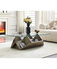 Rainsken 43.5" Glass Coffee Table with Tempered Glass Top and Wood Base, Multi-Storage Open Compartments Coffee Table for Living Room Office