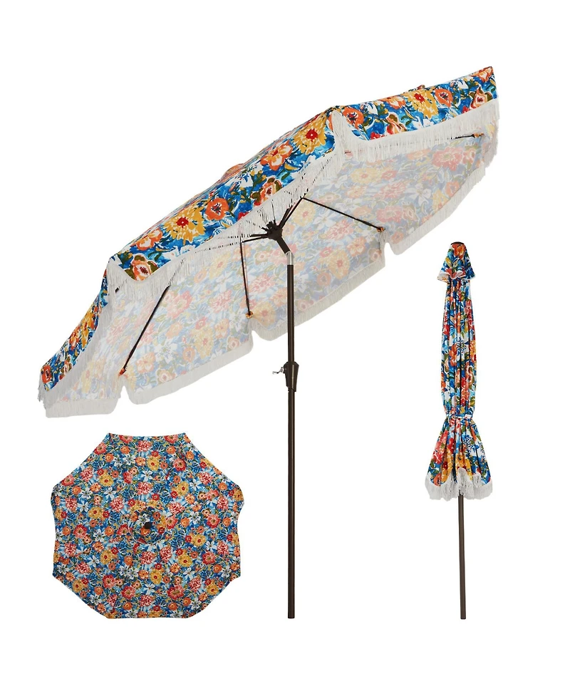 gaomon Patio Outdoor Table Umbrella with Retro Fringe with Crank Handle for Backyard, Pool, Camping, Flower Pattern